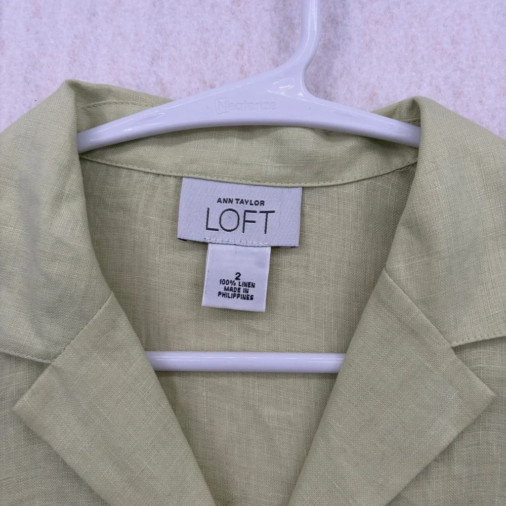 Ann Taylor Loft Womens 2 Green 100% Linen 3/4 Sleeve Button Up Shirt Blouse
